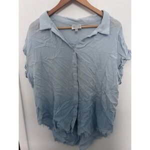 Blue Heaven Ombre Distressed‎ Fray Hem Button Down Shirt Top Womens L